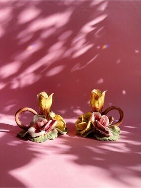 Pair Of Vintage Capodimonte Flower Candle Holder Chamber Candlesticks Italy Made